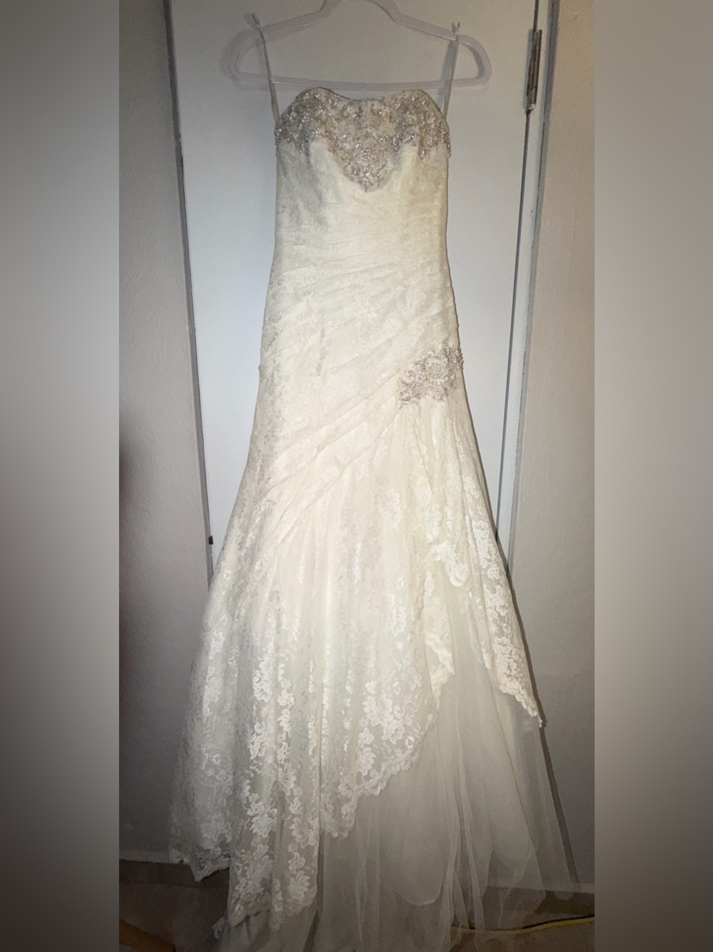 David's Bridal Ivory Lace A-Line Wedding Dress with Beaded Detail